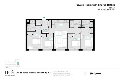 Floor plan for 1 bed, 1 bath, 93 sqft